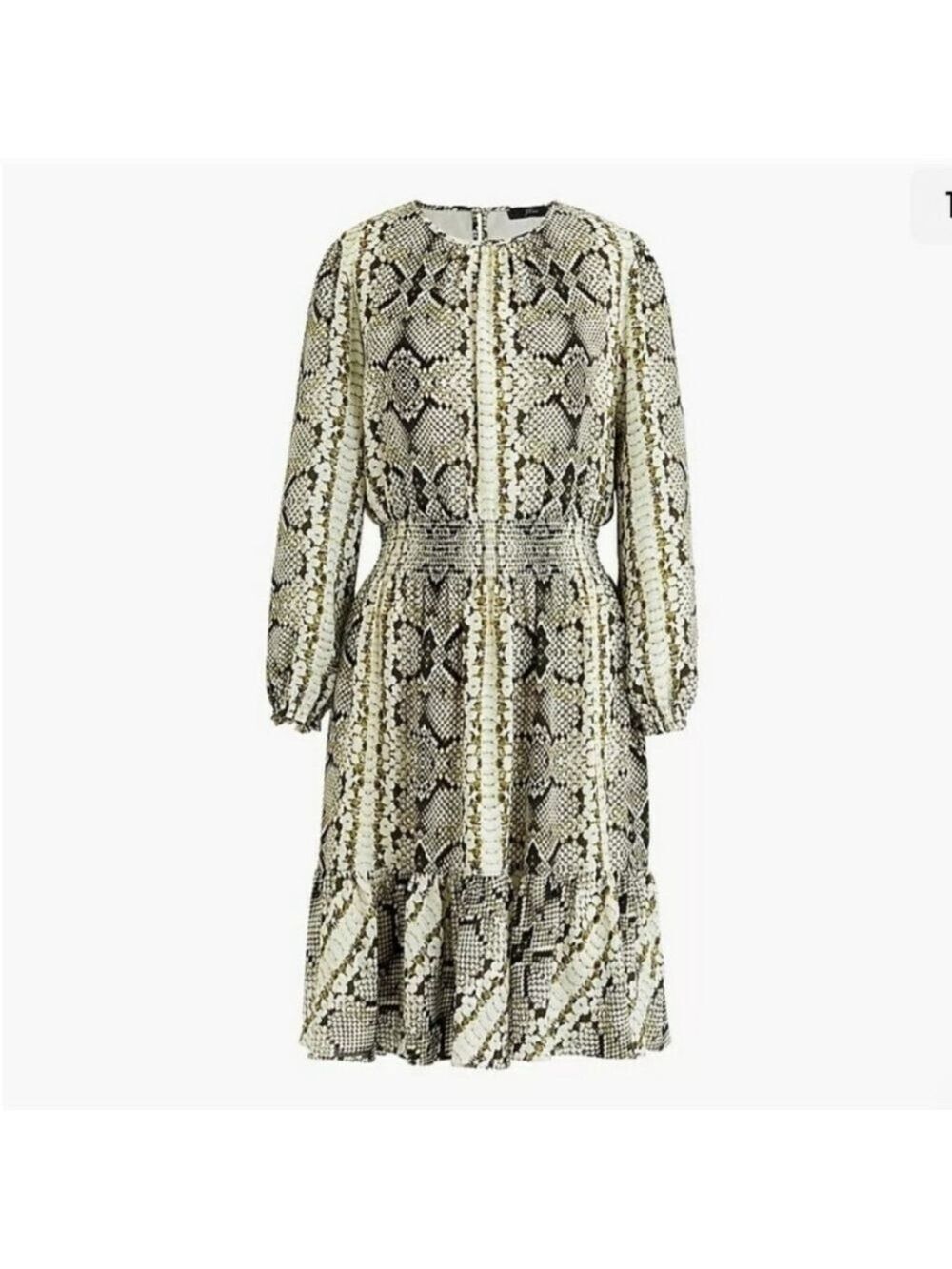 J.Crew Green Python Print Dress Womens XS Smocked Waist LS Glendale Snakeskin